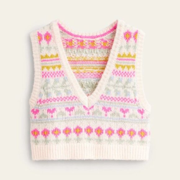 Boden Fair Isle Floral Sweater Vest Cream Pink Cottagecore Knit 51783 - Picture 3 of 15